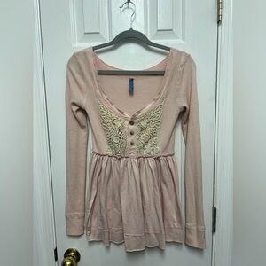 Free People Small Pink Smocked Long Sleeve Shirt